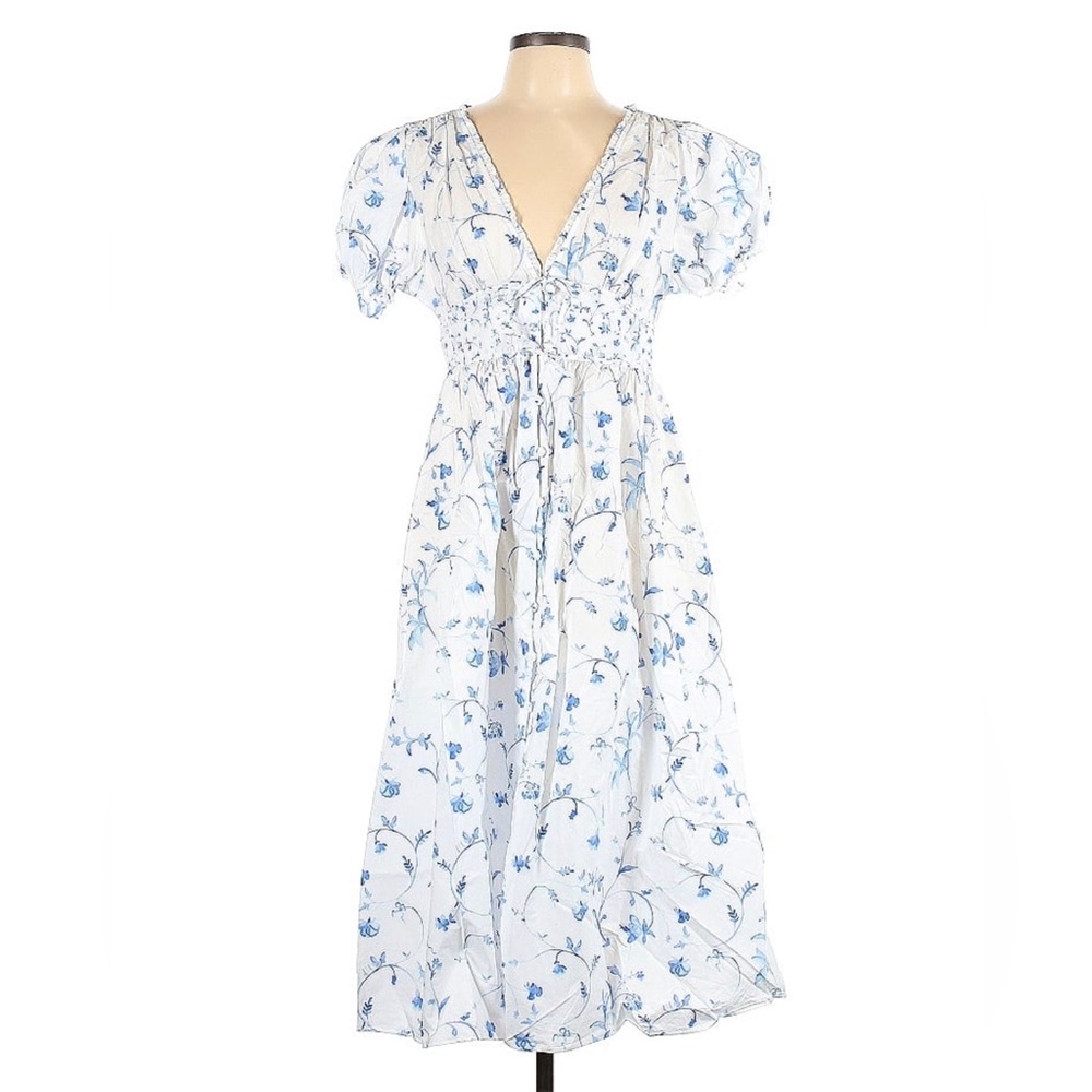 Hill House Sabrina Puff Sleeve Midi Dress White/Floral Blue